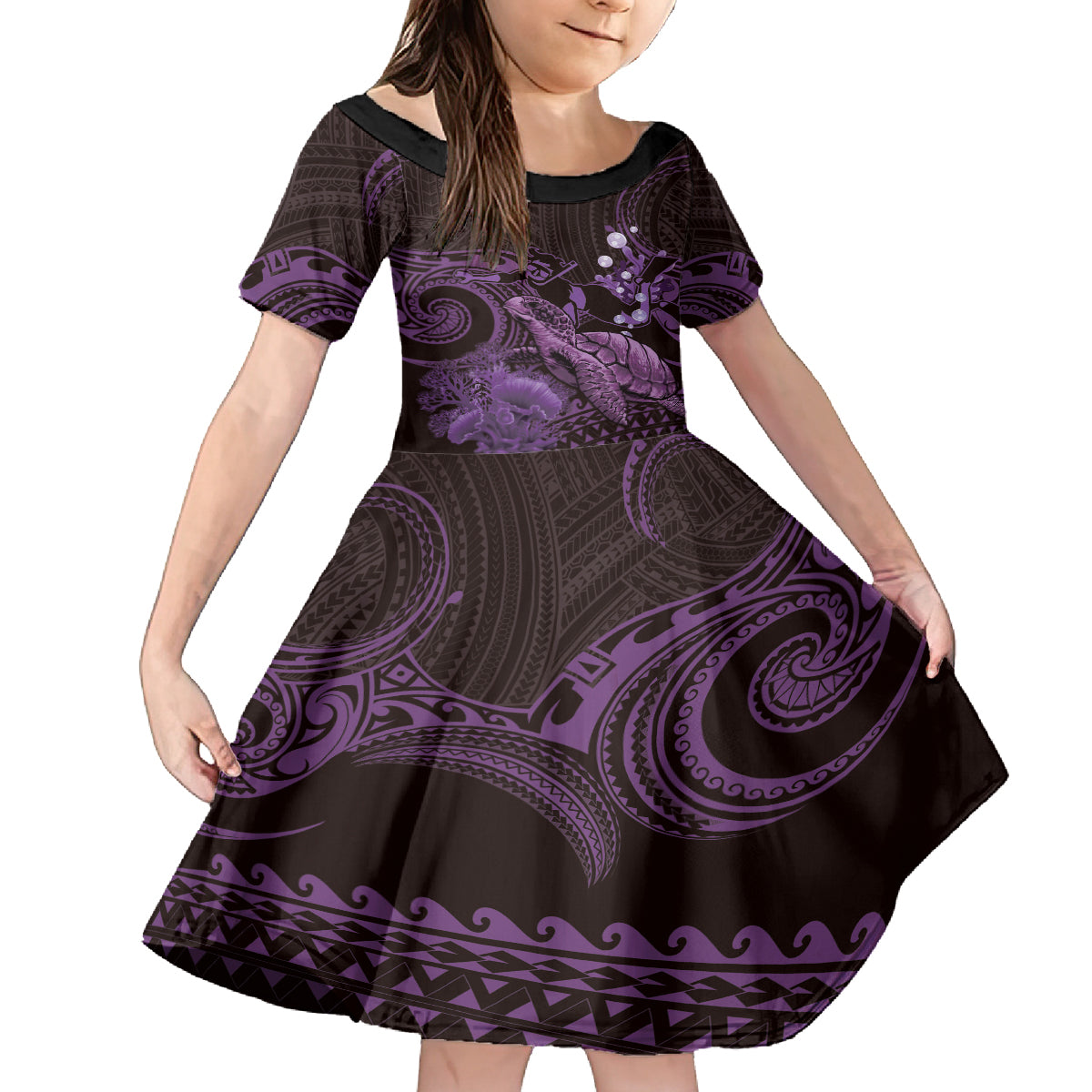 Purple Aloha Hawaii Kid Short Sleeve Dress Snorkeling With Sea Turtle Polynesian Pattern