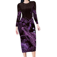 Purple Aloha Hawaii Long Sleeve Bodycon Dress Snorkeling With Sea Turtle Polynesian Pattern
