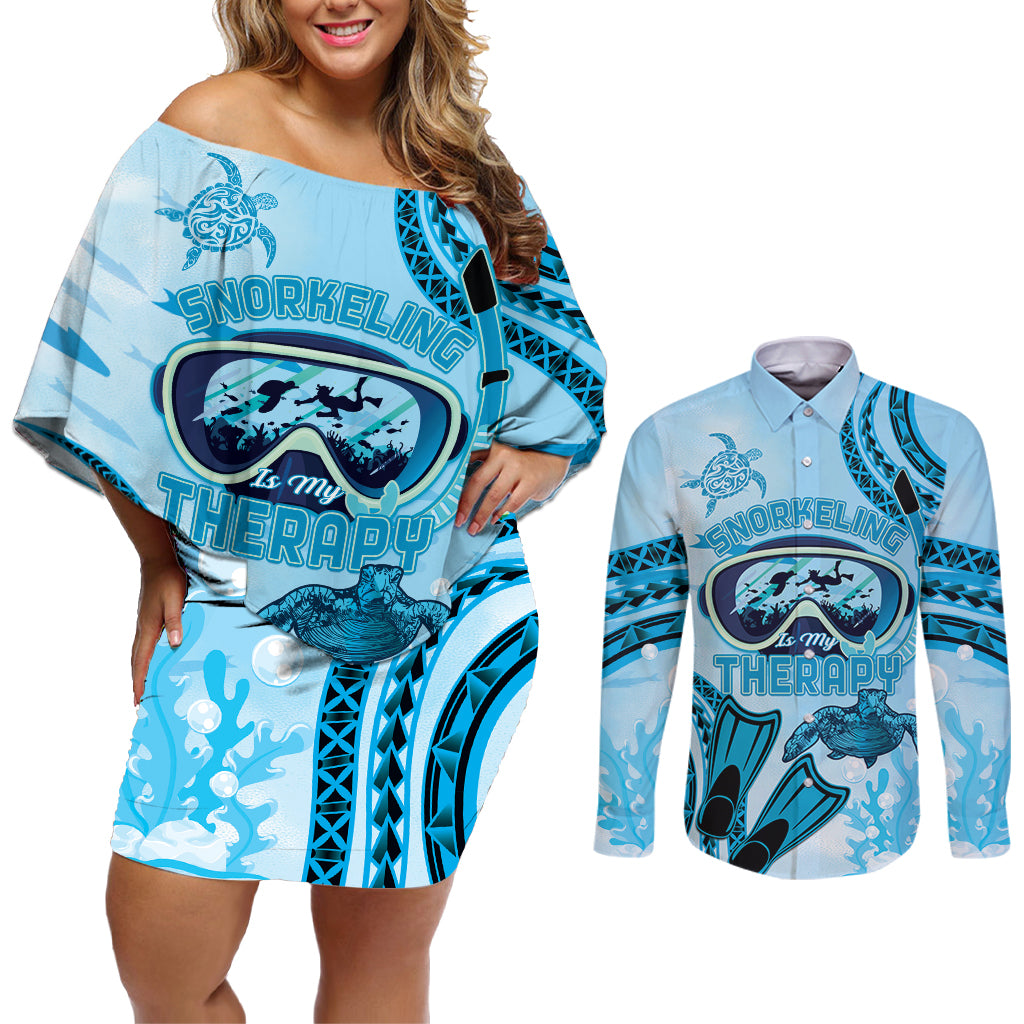 Hawaii Sea Turtle Snorkeling Is My Therapy Couples Matching Off Shoulder Short Dress and Long Sleeve Button Shirt