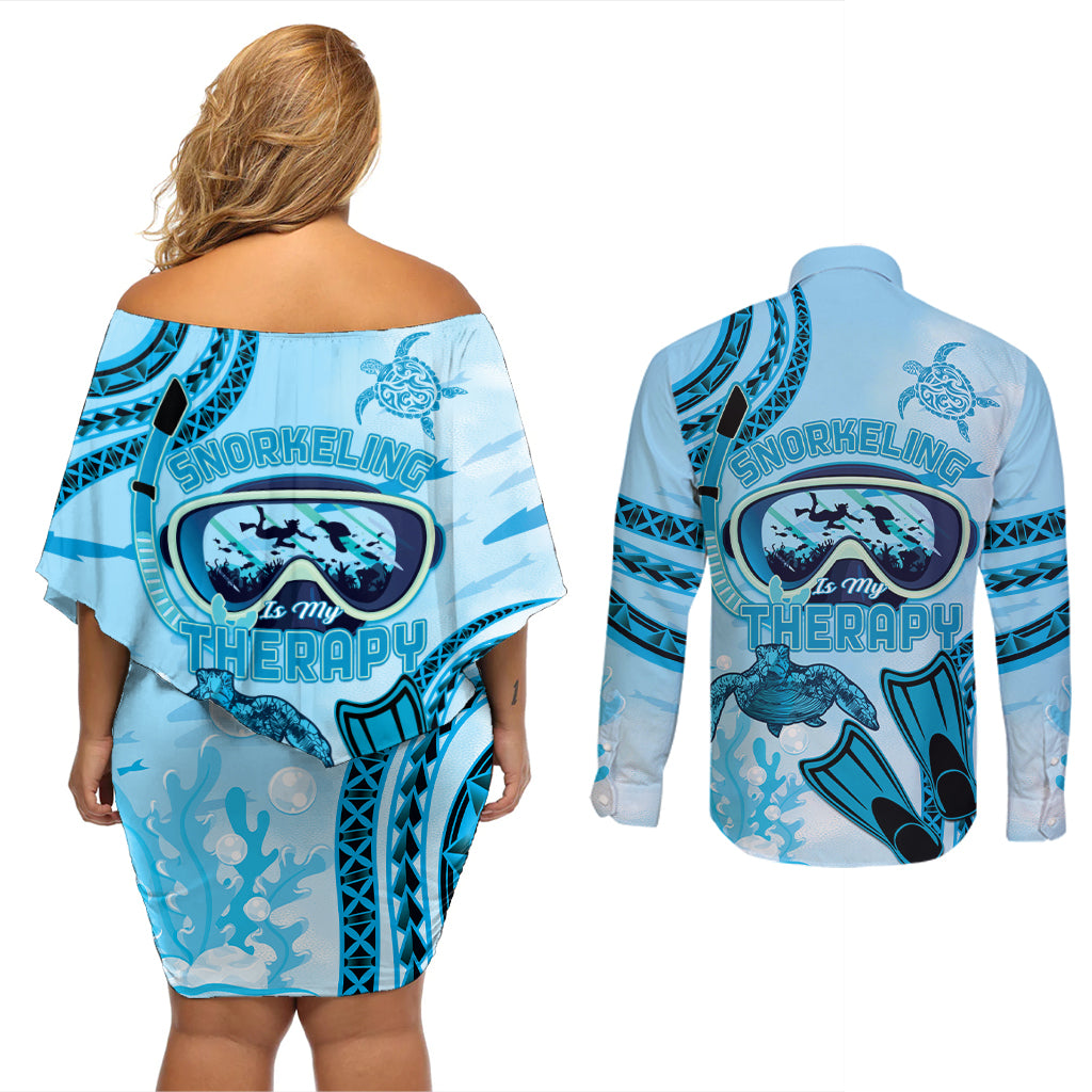 Hawaii Sea Turtle Snorkeling Is My Therapy Couples Matching Off Shoulder Short Dress and Long Sleeve Button Shirt