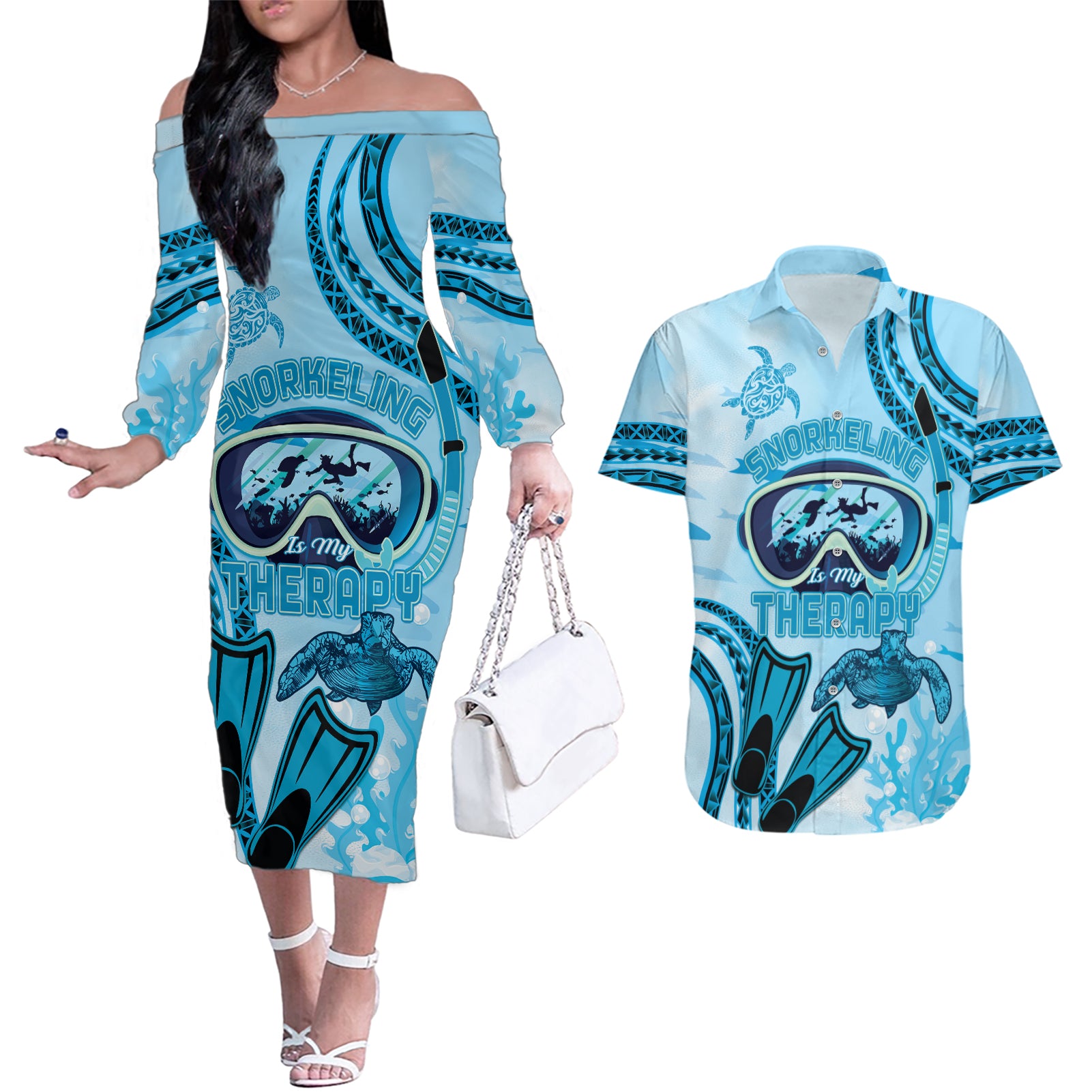 Hawaii Sea Turtle Snorkeling Is My Therapy Couples Matching Off The Shoulder Long Sleeve Dress and Hawaiian Shirt