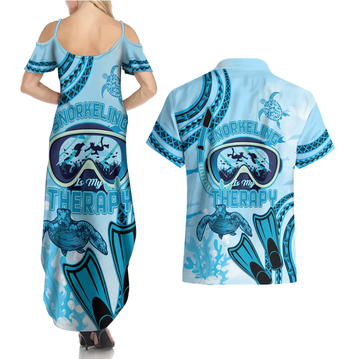 Hawaii Sea Turtle Snorkeling Is My Therapy Couples Matching Summer Maxi Dress and Hawaiian Shirt