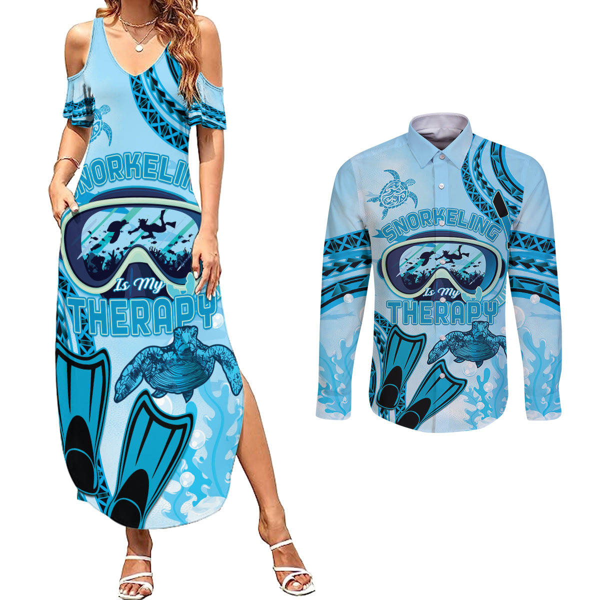 Hawaii Sea Turtle Snorkeling Is My Therapy Couples Matching Summer Maxi Dress and Long Sleeve Button Shirt