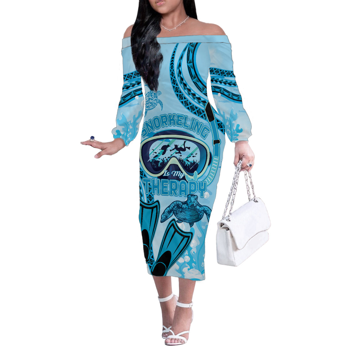 Hawaii Sea Turtle Snorkeling Is My Therapy Family Matching Off The Shoulder Long Sleeve Dress and Hawaiian Shirt LT14 Mom's Dress Blue - Polynesian Pride