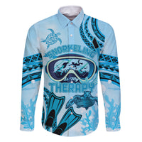 Hawaii Sea Turtle Snorkeling Is My Therapy Family Matching Off Shoulder Short Dress and Hawaiian Shirt LT14 Dad's Shirt - Long Sleeve Blue - Polynesian Pride