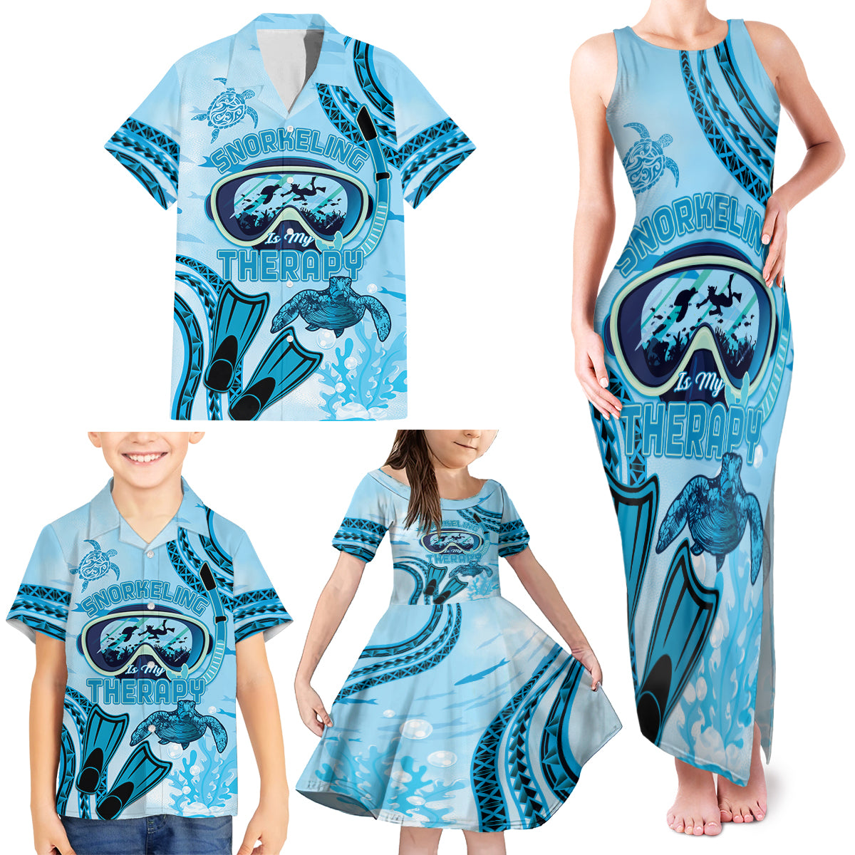 Hawaii Sea Turtle Snorkeling Is My Therapy Family Matching Tank Maxi Dress and Hawaiian Shirt LT14 - Polynesian Pride