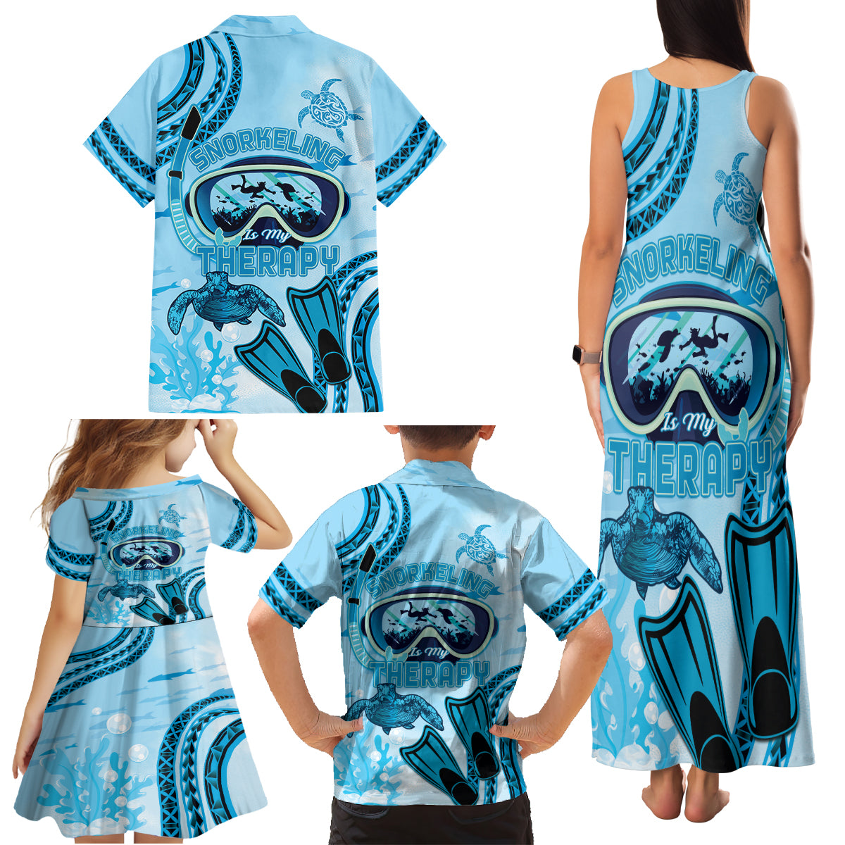 Hawaii Sea Turtle Snorkeling Is My Therapy Family Matching Tank Maxi Dress and Hawaiian Shirt LT14 - Polynesian Pride