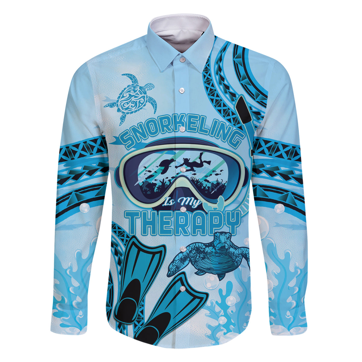 Hawaii Sea Turtle Snorkeling Is My Therapy Family Matching Tank Maxi Dress and Hawaiian Shirt LT14 Dad's Shirt - Long Sleeve Blue - Polynesian Pride