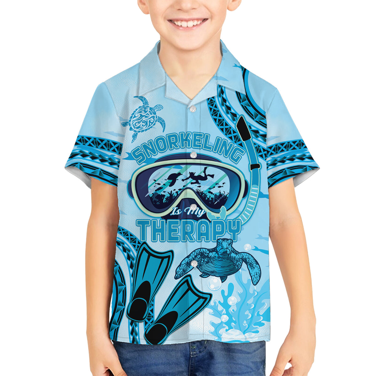 Hawaii Sea Turtle Snorkeling Is My Therapy Family Matching Tank Maxi Dress and Hawaiian Shirt LT14 Son's Shirt Blue - Polynesian Pride