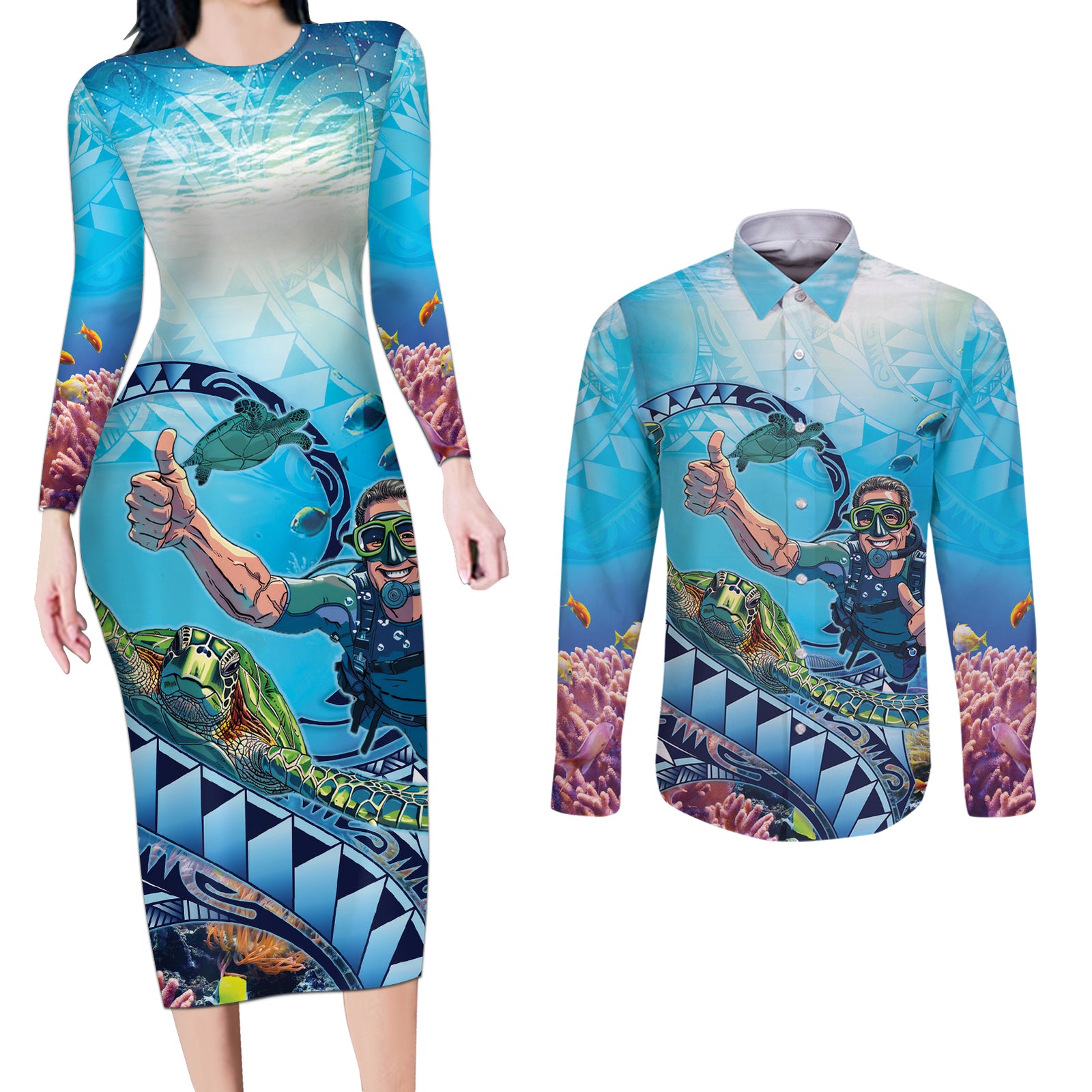 Hawaii Snorkeling Honu Turtle Couples Matching Long Sleeve Bodycon Dress and Long Sleeve Button Shirt Under The Ocean Vibes