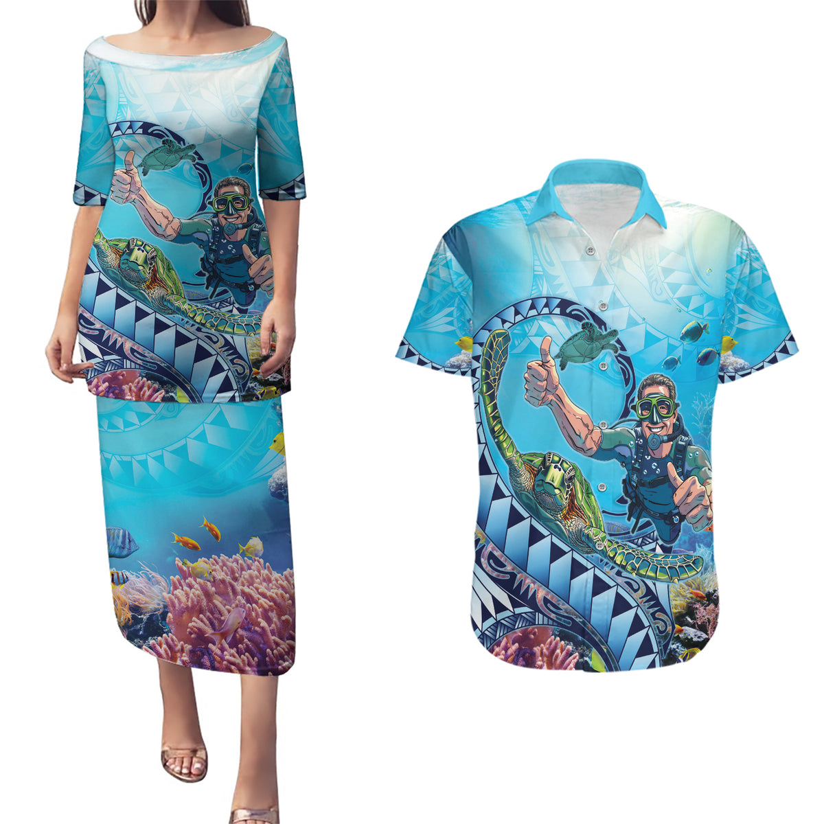 Hawaii Snorkeling Honu Turtle Couples Matching Puletasi and Hawaiian Shirt Under The Ocean Vibes