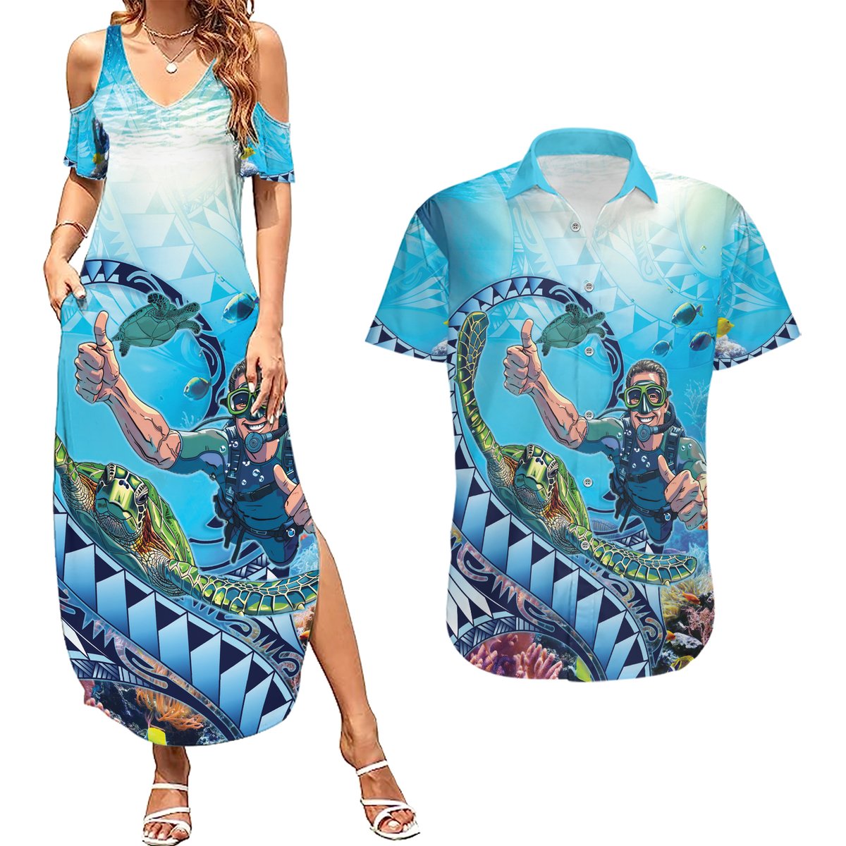 Hawaii Snorkeling Honu Turtle Couples Matching Summer Maxi Dress and Hawaiian Shirt Under The Ocean Vibes