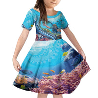 Hawaii Snorkeling Honu Turtle Family Matching Long Sleeve Bodycon Dress and Hawaiian Shirt Under The Ocean Vibes LT14 Daughter's Dress Blue - Polynesian Pride