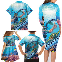Hawaii Snorkeling Honu Turtle Family Matching Long Sleeve Bodycon Dress and Hawaiian Shirt Under The Ocean Vibes LT14 - Polynesian Pride