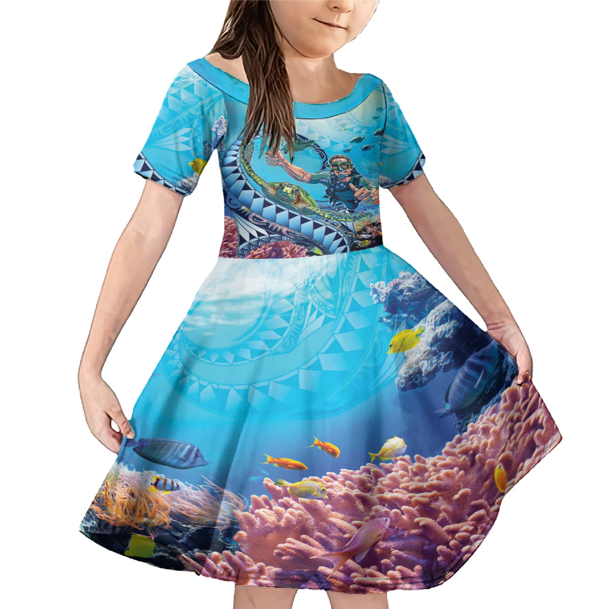 Hawaii Snorkeling Honu Turtle Family Matching Mermaid Dress and Hawaiian Shirt Under The Ocean Vibes LT14 Daughter's Dress Blue - Polynesian Pride