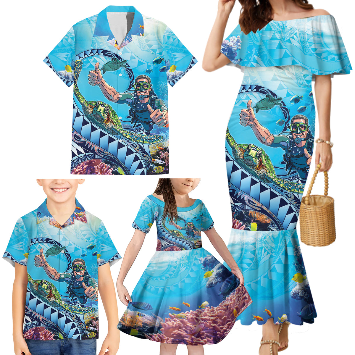 Hawaii Snorkeling Honu Turtle Family Matching Mermaid Dress and Hawaiian Shirt Under The Ocean Vibes LT14 - Polynesian Pride