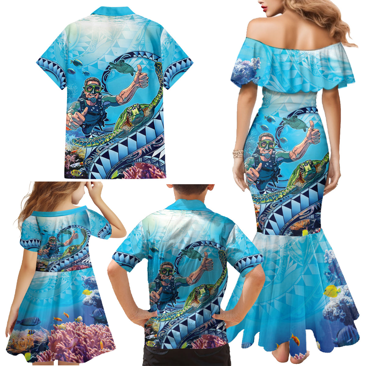 Hawaii Snorkeling Honu Turtle Family Matching Mermaid Dress and Hawaiian Shirt Under The Ocean Vibes LT14 - Polynesian Pride