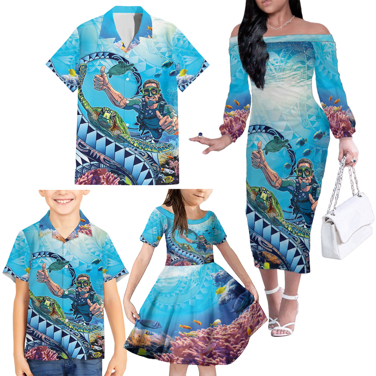 Hawaii Snorkeling Honu Turtle Family Matching Off The Shoulder Long Sleeve Dress and Hawaiian Shirt Under The Ocean Vibes LT14 - Polynesian Pride