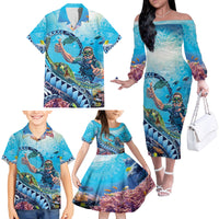 Hawaii Snorkeling Honu Turtle Family Matching Off The Shoulder Long Sleeve Dress and Hawaiian Shirt Under The Ocean Vibes LT14 - Polynesian Pride