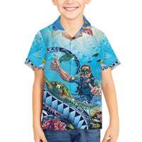 Hawaii Snorkeling Honu Turtle Family Matching Off The Shoulder Long Sleeve Dress and Hawaiian Shirt Under The Ocean Vibes LT14 Son's Shirt Blue - Polynesian Pride