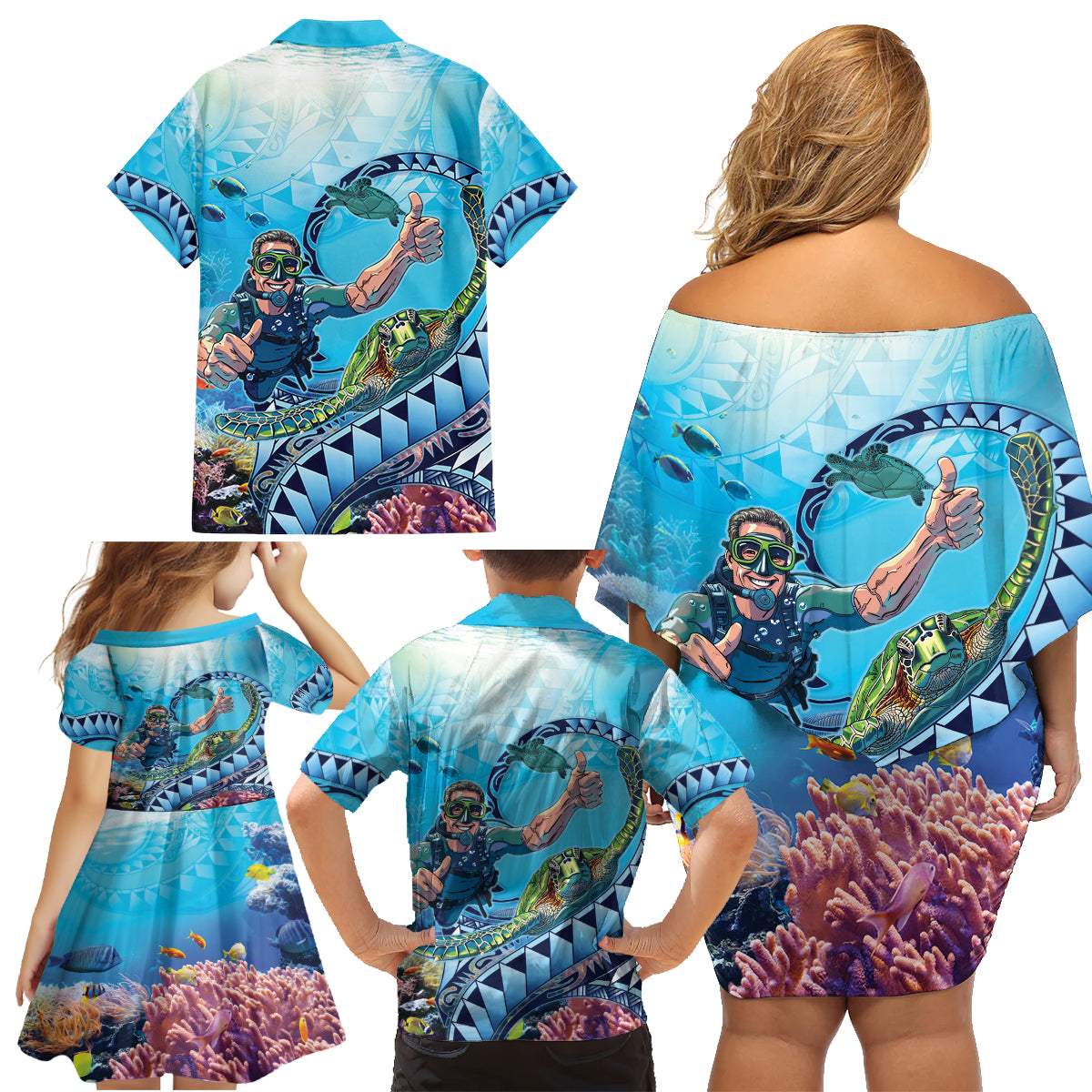 Hawaii Snorkeling Honu Turtle Family Matching Off Shoulder Short Dress and Hawaiian Shirt Under The Ocean Vibes LT14 - Polynesian Pride