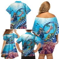 Hawaii Snorkeling Honu Turtle Family Matching Off Shoulder Short Dress and Hawaiian Shirt Under The Ocean Vibes LT14 - Polynesian Pride
