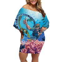 Hawaii Snorkeling Honu Turtle Family Matching Off Shoulder Short Dress and Hawaiian Shirt Under The Ocean Vibes LT14 Mom's Dress Blue - Polynesian Pride