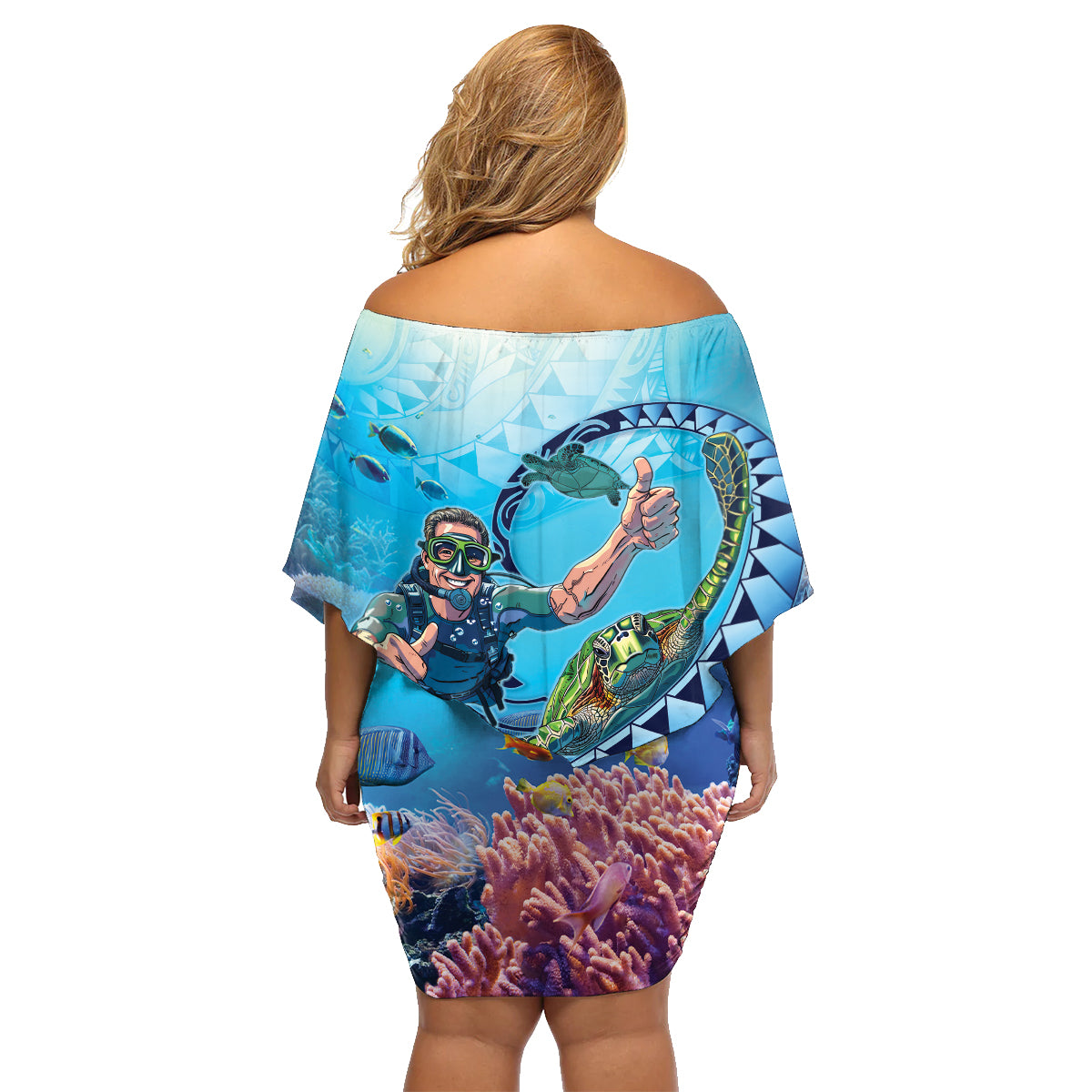 Hawaii Snorkeling Honu Turtle Family Matching Off Shoulder Short Dress and Hawaiian Shirt Under The Ocean Vibes LT14 - Polynesian Pride