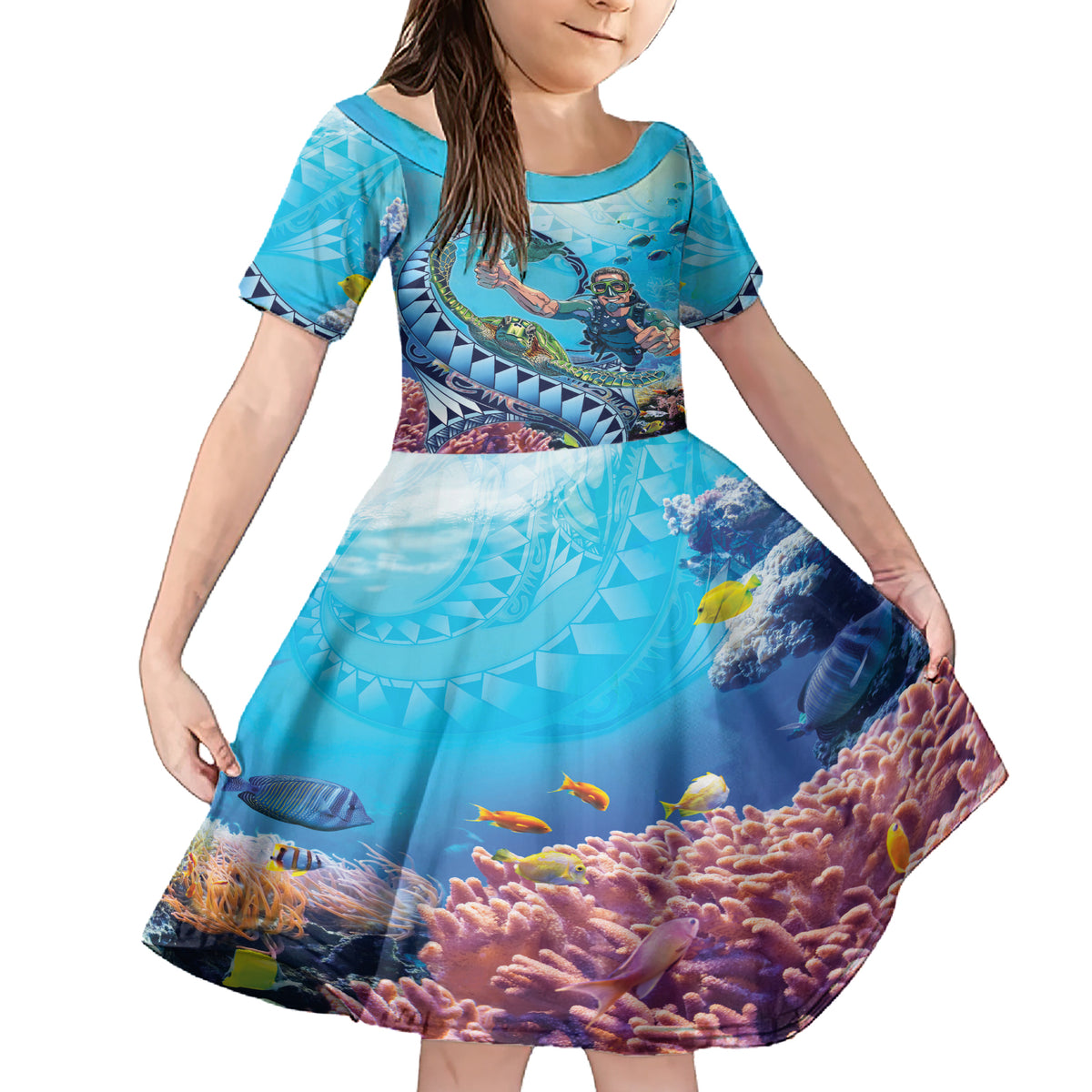 Hawaii Snorkeling Honu Turtle Family Matching Short Sleeve Bodycon Dress and Hawaiian Shirt Under The Ocean Vibes LT14 Daughter's Dress Blue - Polynesian Pride