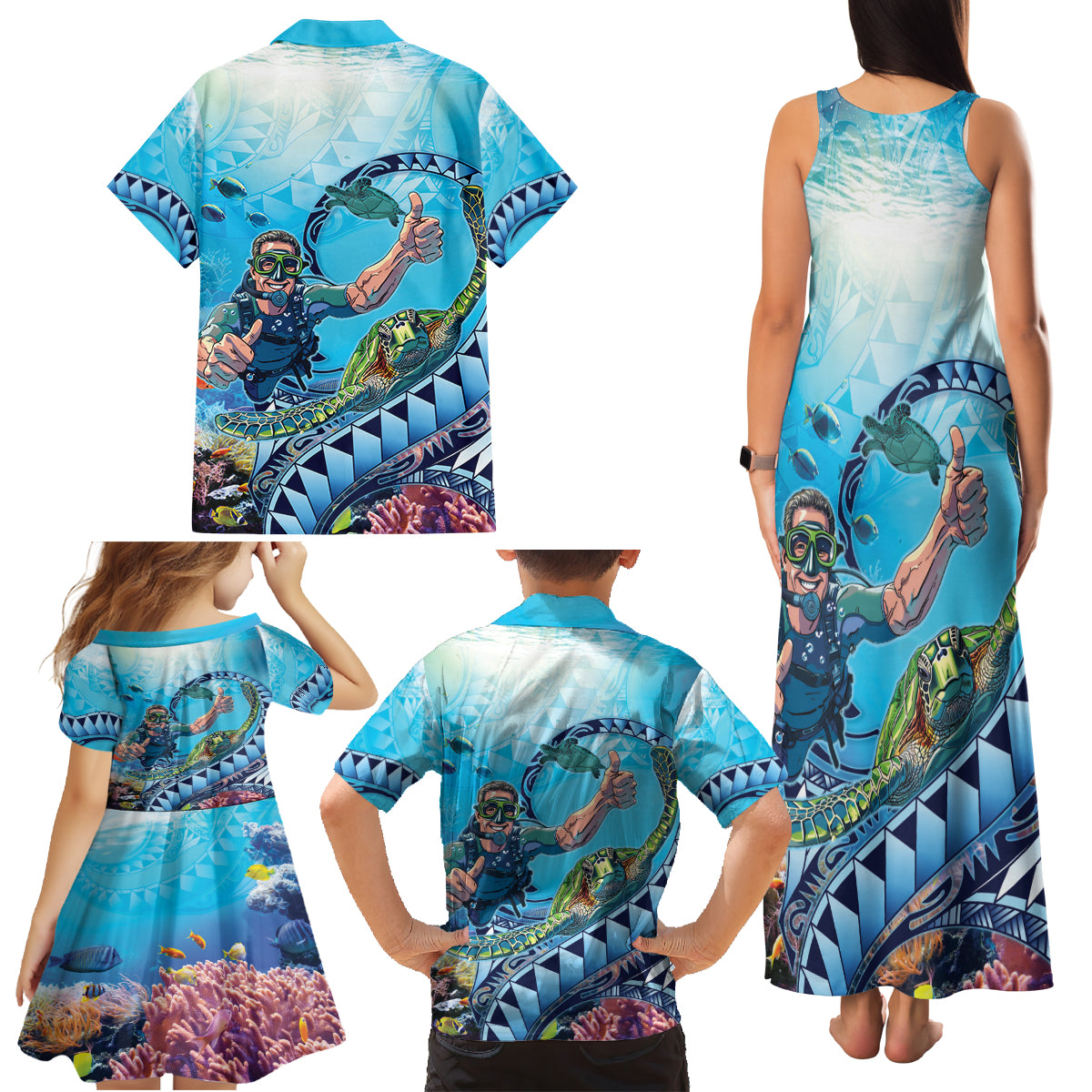 Hawaii Snorkeling Honu Turtle Family Matching Tank Maxi Dress and Hawaiian Shirt Under The Ocean Vibes LT14 - Polynesian Pride