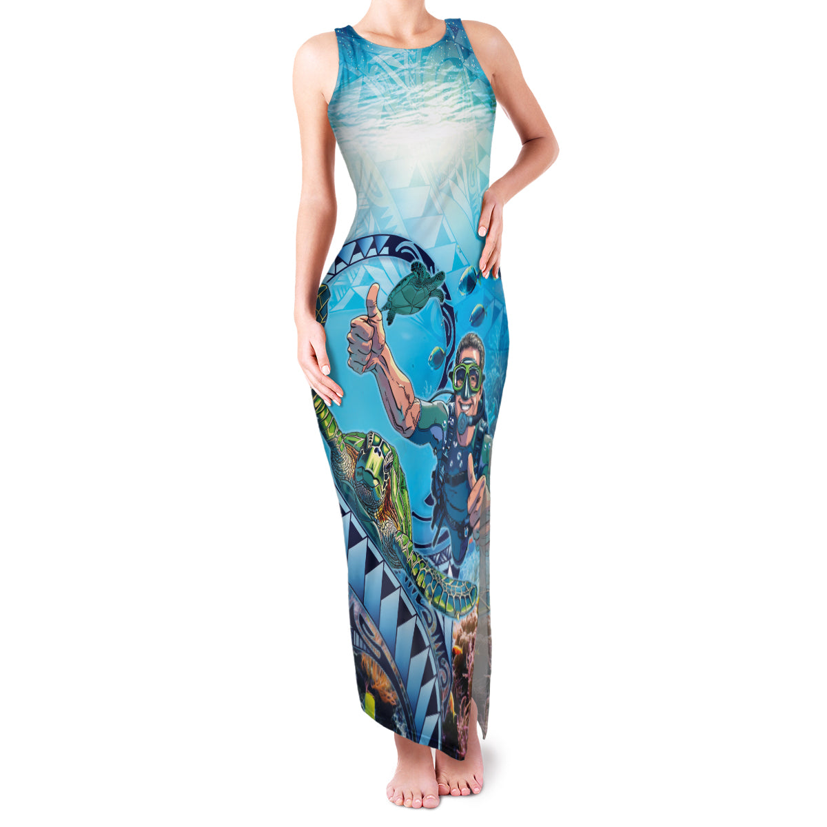 Hawaii Snorkeling Honu Turtle Family Matching Tank Maxi Dress and Hawaiian Shirt Under The Ocean Vibes LT14 Mom's Dress Blue - Polynesian Pride
