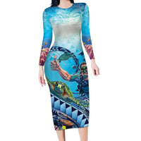 Hawaii Snorkeling Honu Turtle Long Sleeve Bodycon Dress Under The Ocean Vibes LT14 Long Dress Blue - Polynesian Pride
