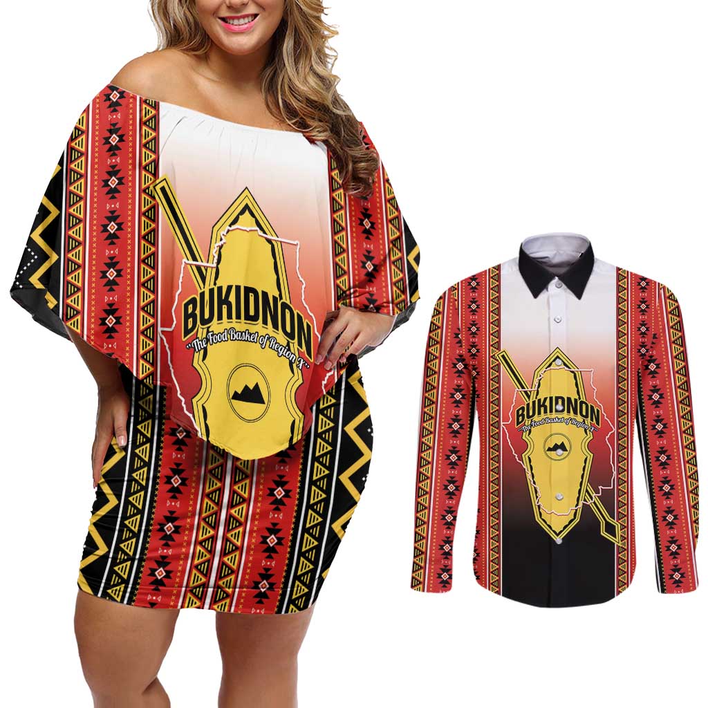 Personalised Bukidnon Philippines Couples Matching Off Shoulder Short Dress and Long Sleeve Button Shirt The Food Basket of Region X LT14 Red - Polynesian Pride