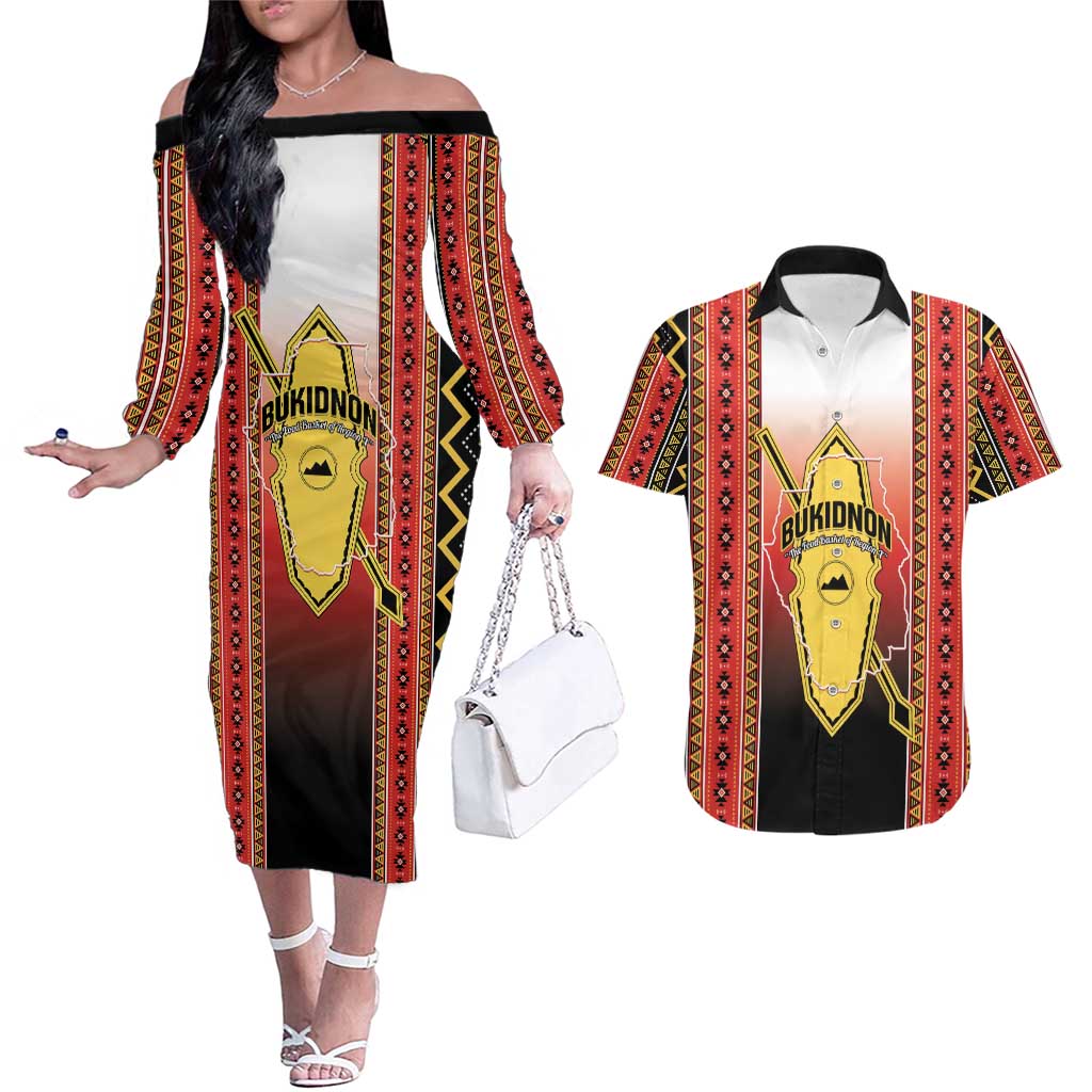 Personalised Bukidnon Philippines Couples Matching Off The Shoulder Long Sleeve Dress and Hawaiian Shirt The Food Basket of Region X LT14 Red - Polynesian Pride