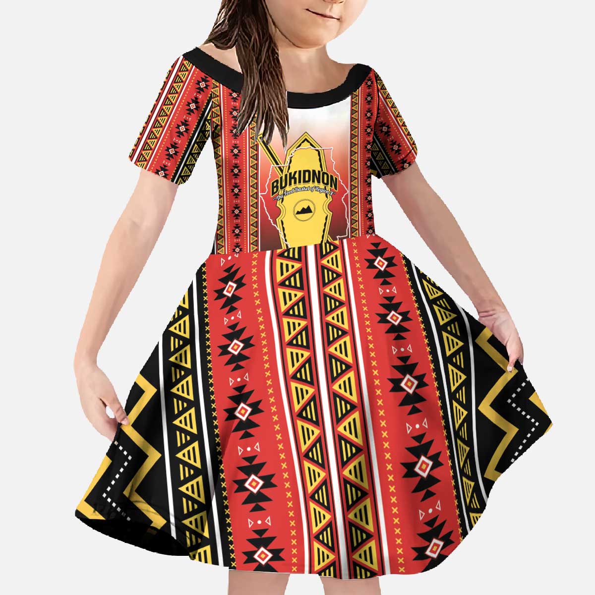 Personalised Bukidnon Philippines Family Matching Off The Shoulder Long Sleeve Dress and Hawaiian Shirt The Food Basket of Region X LT14 Daughter's Dress Red - Polynesian Pride