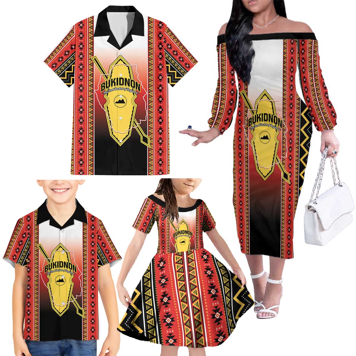 Personalised Bukidnon Philippines Family Matching Off The Shoulder Long Sleeve Dress and Hawaiian Shirt The Food Basket of Region X LT14 - Polynesian Pride