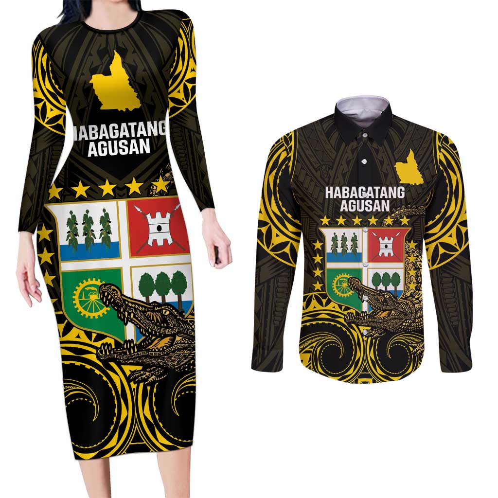 Agusan del Sur Philippines Couples Matching Long Sleeve Bodycon Dress and Long Sleeve Button Shirt Habagatang Agusan Lolong LT14 Black - Polynesian Pride