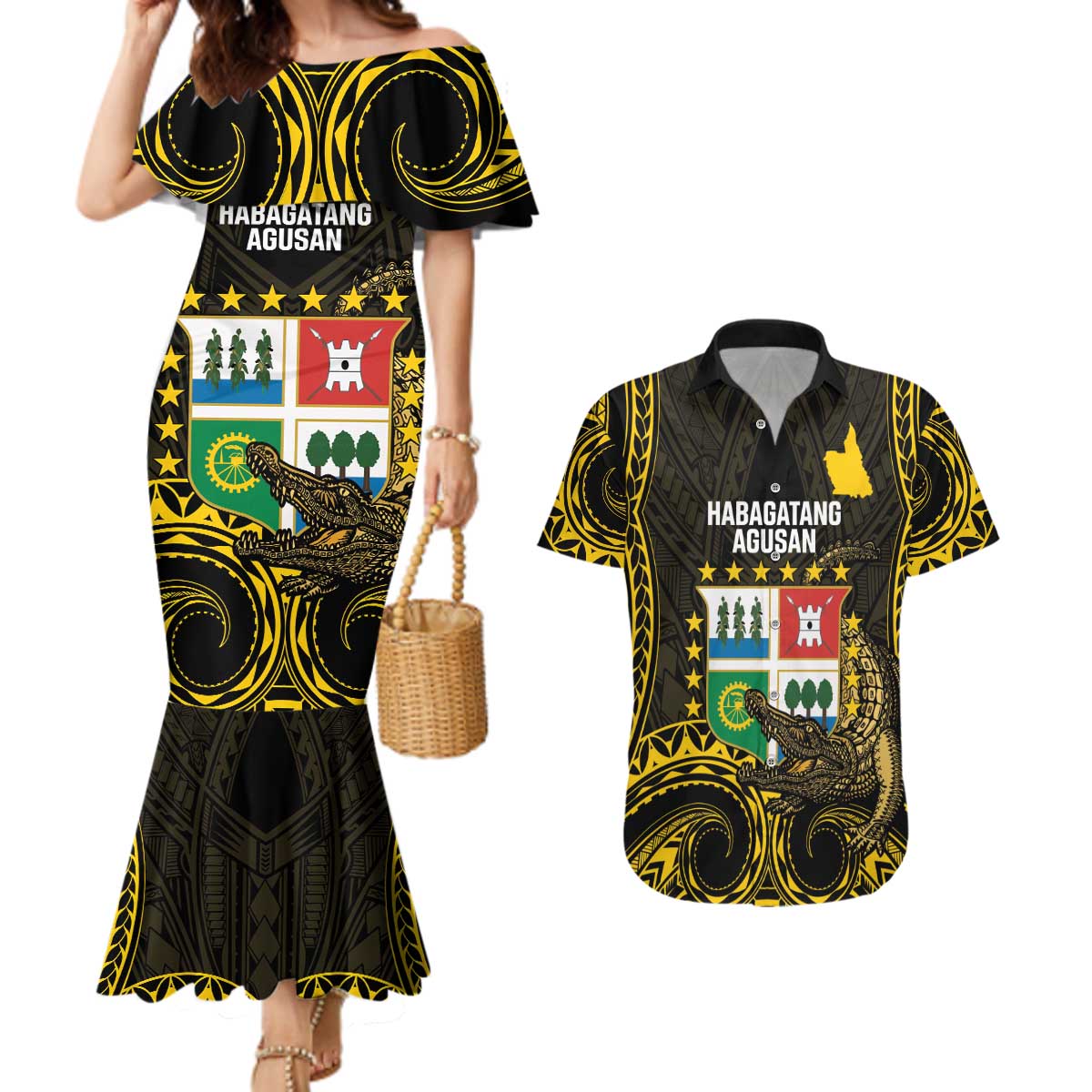 Agusan del Sur Philippines Couples Matching Mermaid Dress and Hawaiian Shirt Habagatang Agusan Lolong LT14 Black - Polynesian Pride