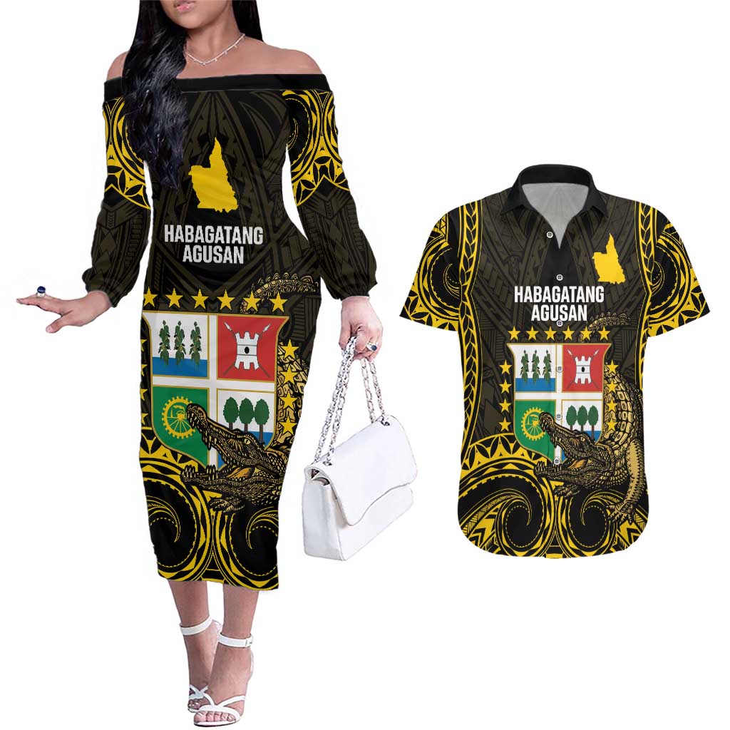 Agusan del Sur Philippines Couples Matching Off The Shoulder Long Sleeve Dress and Hawaiian Shirt Habagatang Agusan Lolong LT14 Black - Polynesian Pride