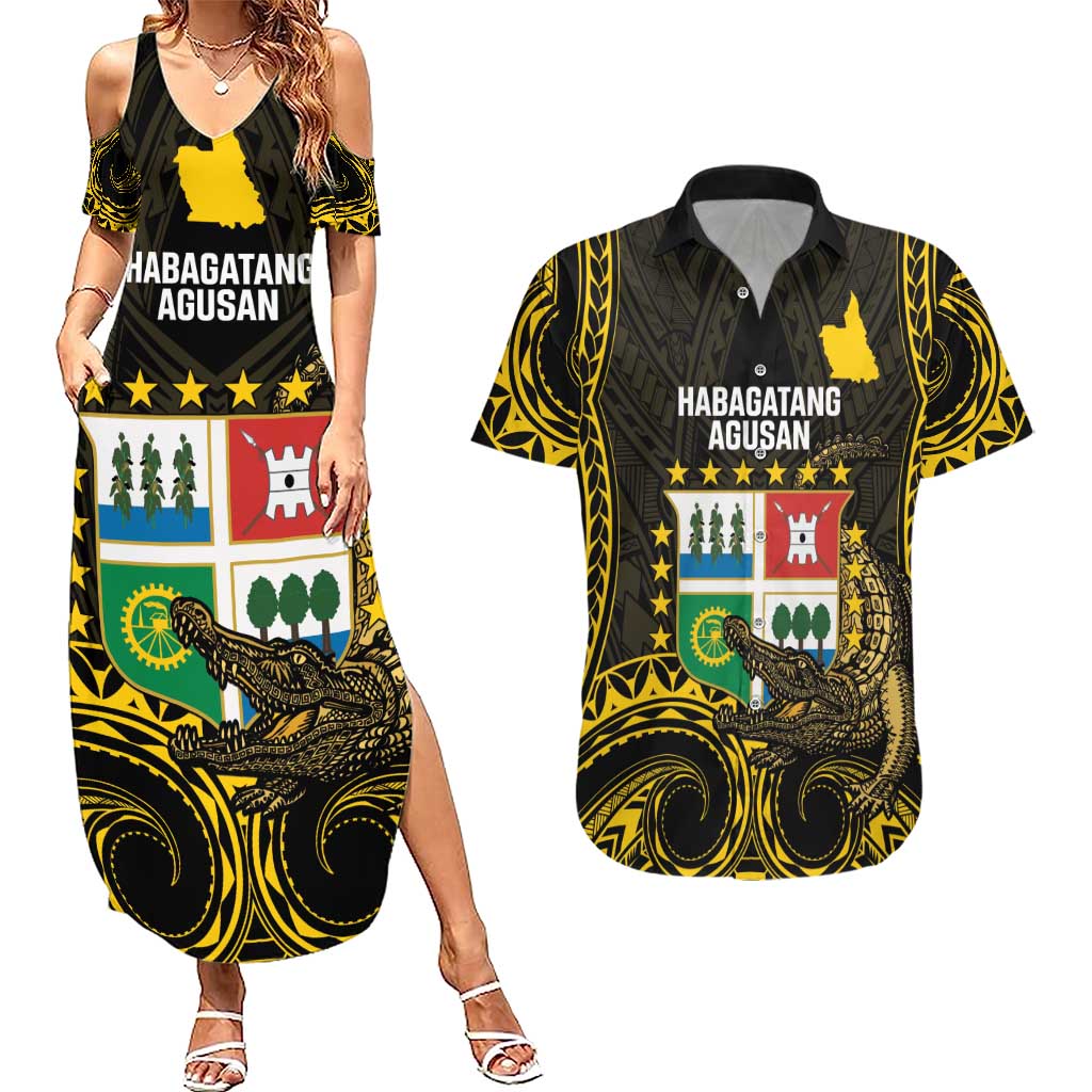Agusan del Sur Philippines Couples Matching Summer Maxi Dress and Hawaiian Shirt Habagatang Agusan Lolong LT14 Black - Polynesian Pride