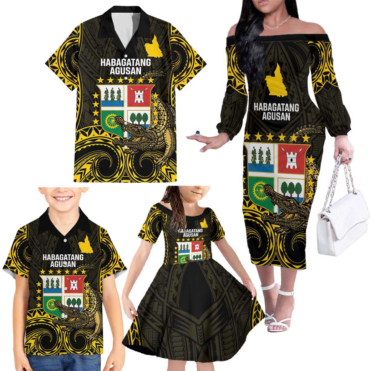 Agusan del Sur Philippines Family Matching Off The Shoulder Long Sleeve Dress and Hawaiian Shirt Habagatang Agusan Lolong LT14 - Polynesian Pride