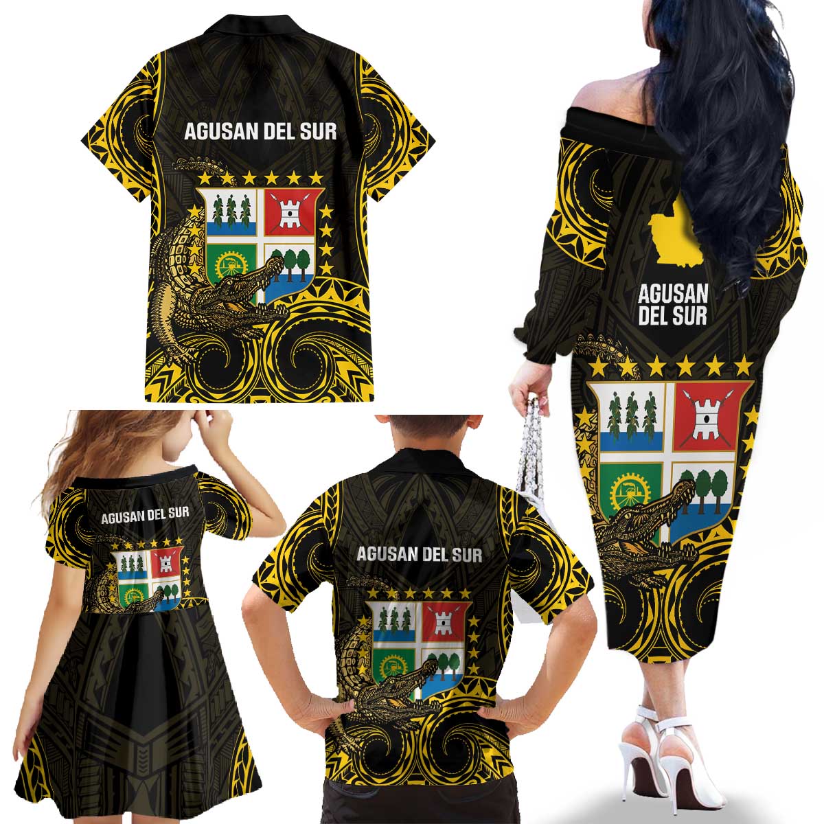 Agusan del Sur Philippines Family Matching Off The Shoulder Long Sleeve Dress and Hawaiian Shirt Habagatang Agusan Lolong LT14 - Polynesian Pride