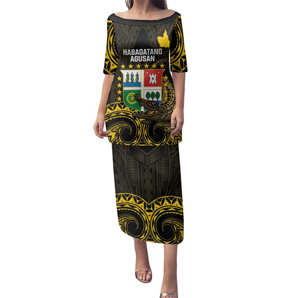 Agusan del Sur Philippines Family Matching Puletasi and Hawaiian Shirt Habagatang Agusan Lolong LT14 Mom's Dress Black - Polynesian Pride