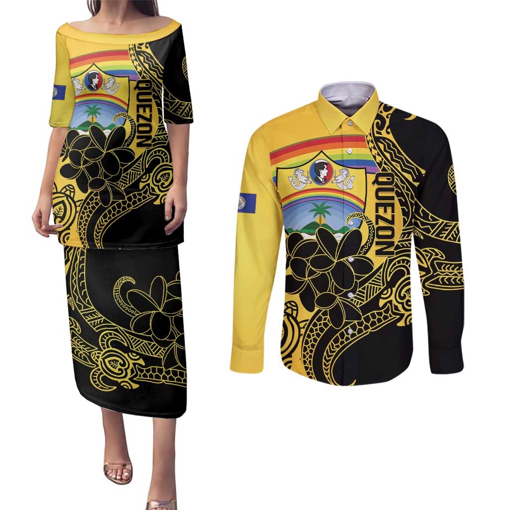 Quezon Province Couples Matching Puletasi and Long Sleeve Button Shirt Cocolandia Philippines Turtle LT14 Gold - Polynesian Pride