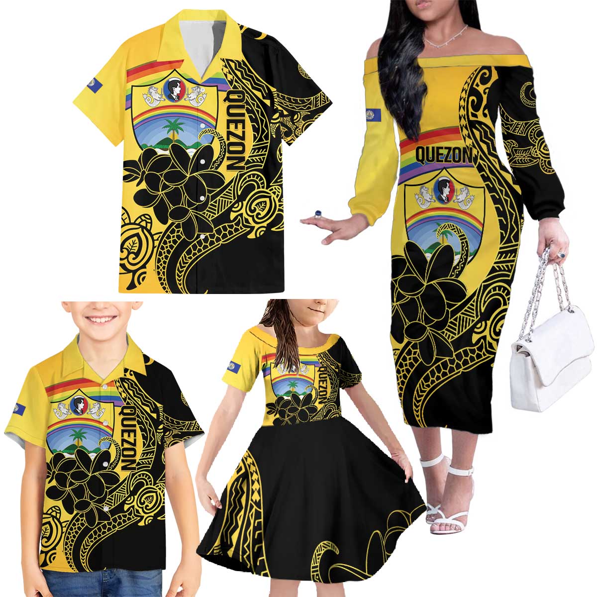Quezon Province Family Matching Off The Shoulder Long Sleeve Dress and Hawaiian Shirt Cocolandia Philippines Turtle LT14 - Polynesian Pride