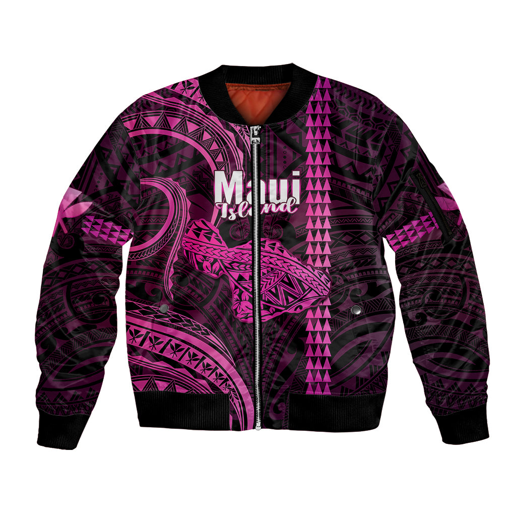 Personalised Hawaiian Islands Sleeve Zip Bomber Jacket Maui Map Pink Kanaka With Kakau LT14 Unisex Pink - Polynesian Pride