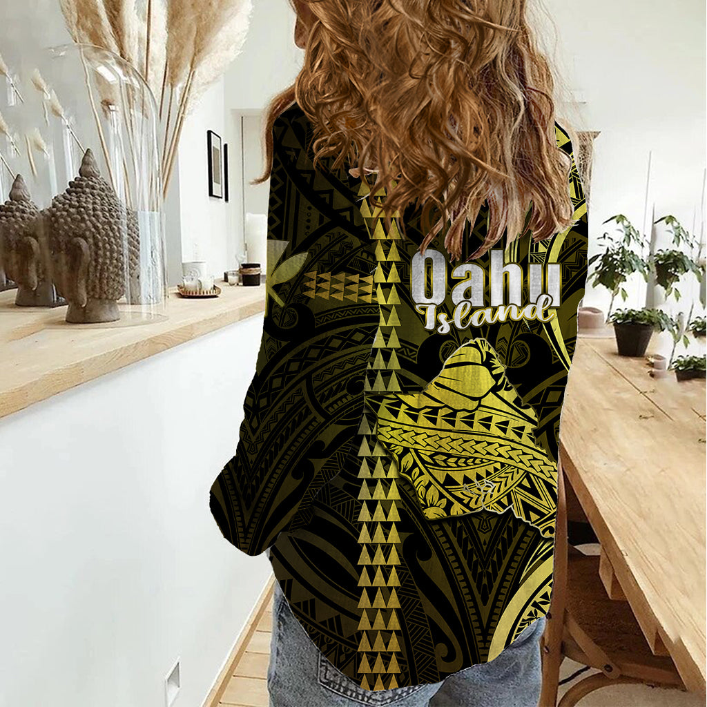 Polynesian Pride Hawaiian Islands Women Casual Shirt Oahu Map Yellow Kanaka With Kakau LT14 - Polynesian Pride