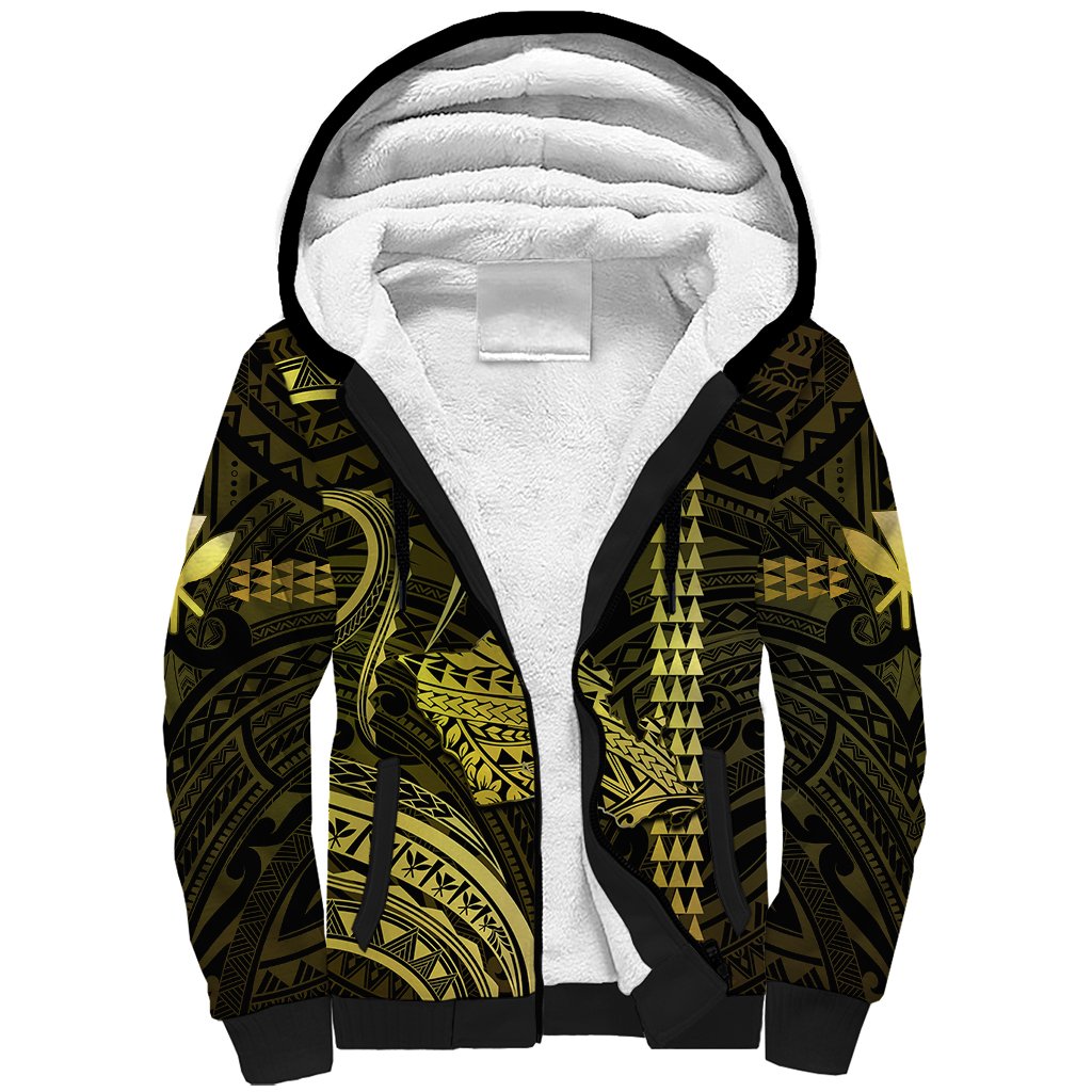 Personalised Hawaiian Islands Sherpa Hoodie Oahu Map Yellow Kanaka With Kakau LT14 Unisex Yellow - Polynesian Pride