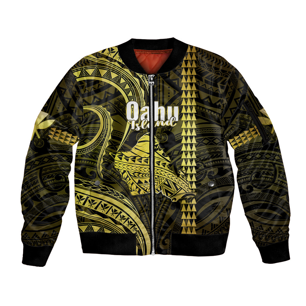 Personalised Hawaiian Islands Sleeve Zip Bomber Jacket Oahu Map Yellow Kanaka With Kakau LT14 Unisex Yellow - Polynesian Pride