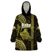 Personalised Hawaiian Islands Wearable Blanket Hoodie Oahu Map Yellow Kanaka With Kakau LT14 One Size Yellow - Polynesian Pride